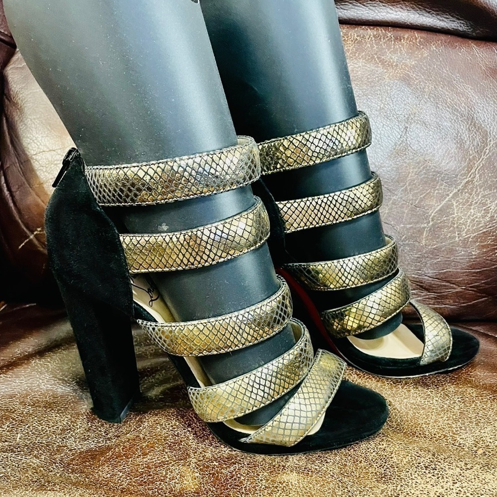 Christian Louboutin Champaign gold bandage sandals.VeauVelour blockheel EU37.5 - Picture 1 of 11